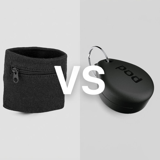 Comparison of a fabric gym wristband versus the hard-shell Pod Case for safe jewellery storage while lifting weights.