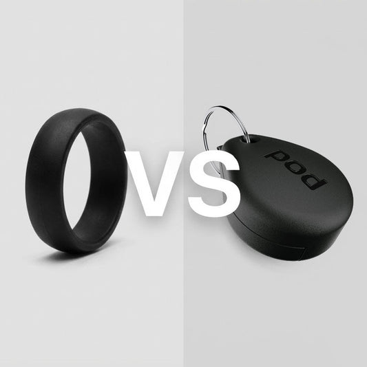 Comparison of a black silicone wedding band versus the Pod Case gym ring holder.
