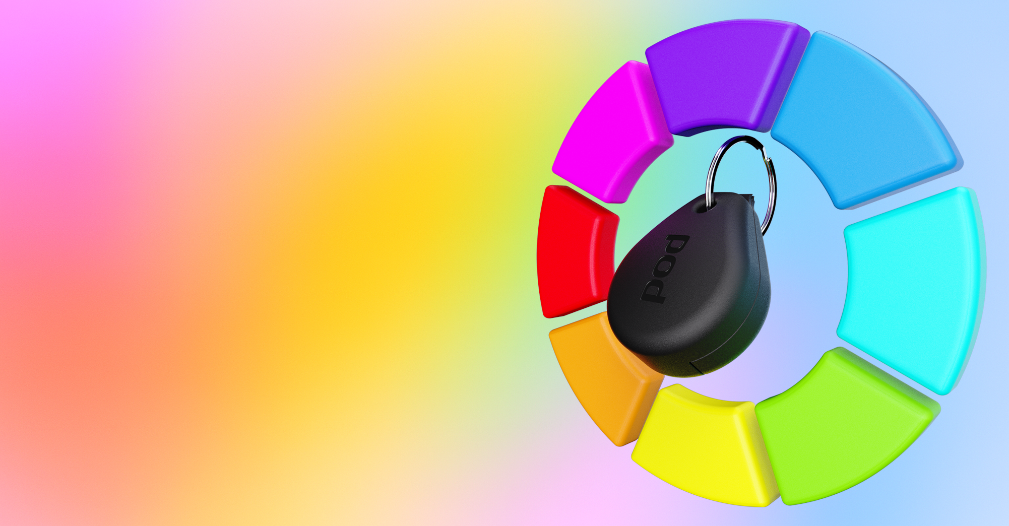A pod case with a colour wheel around to show the customizable aspect. 