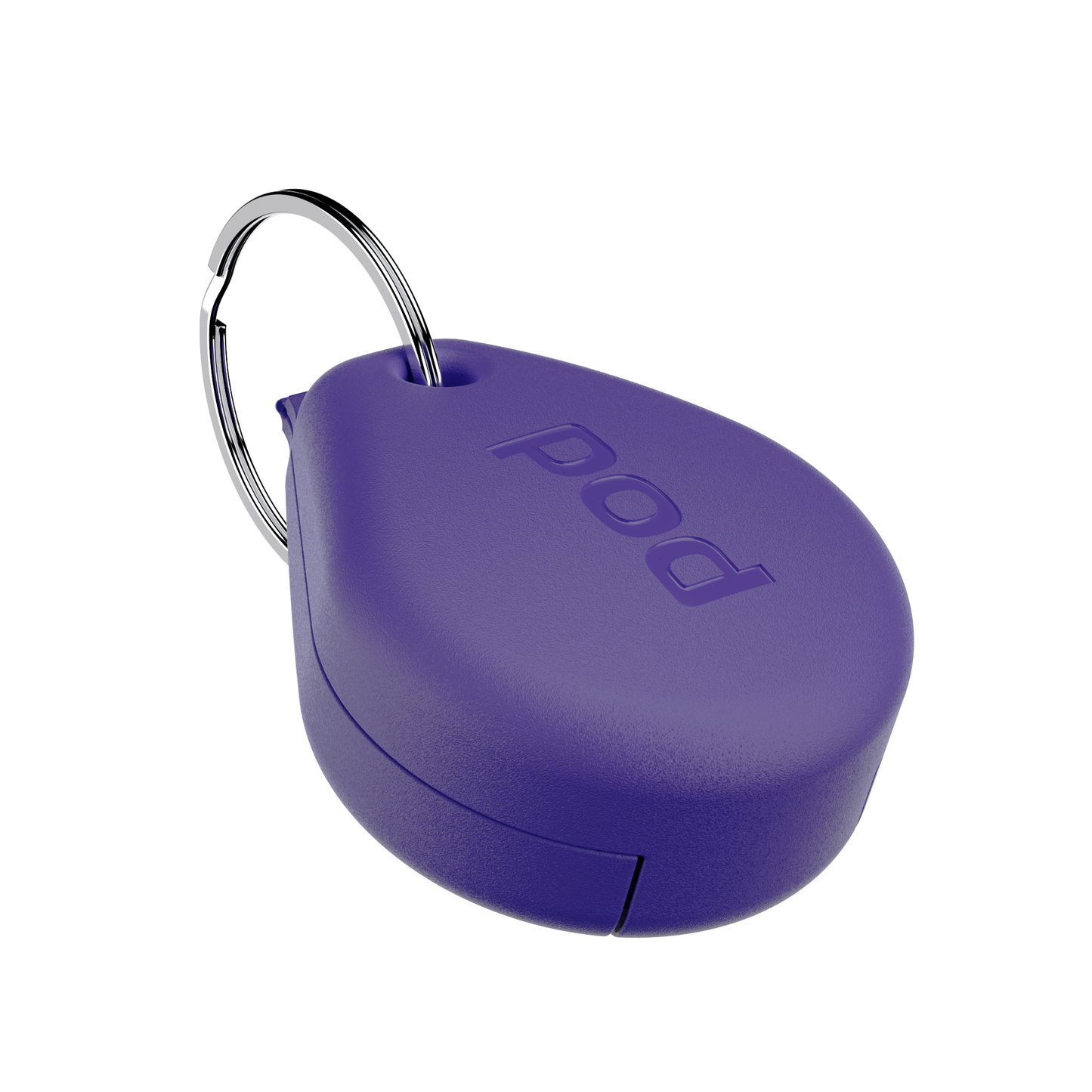 Purple 'POD' device with a keyring on a white background
